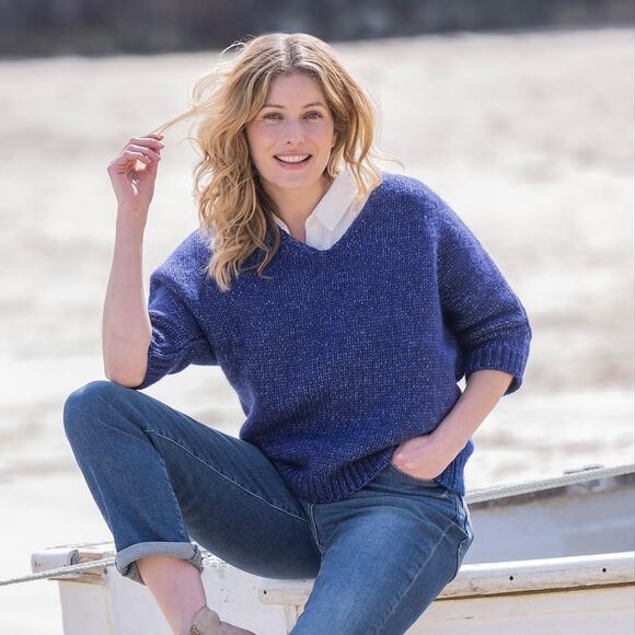 Celtic & Co. Luxe V Neck Jumper Chunky Knit Blue Short Sleeve Sweater Size Med - Picture 1 of 6